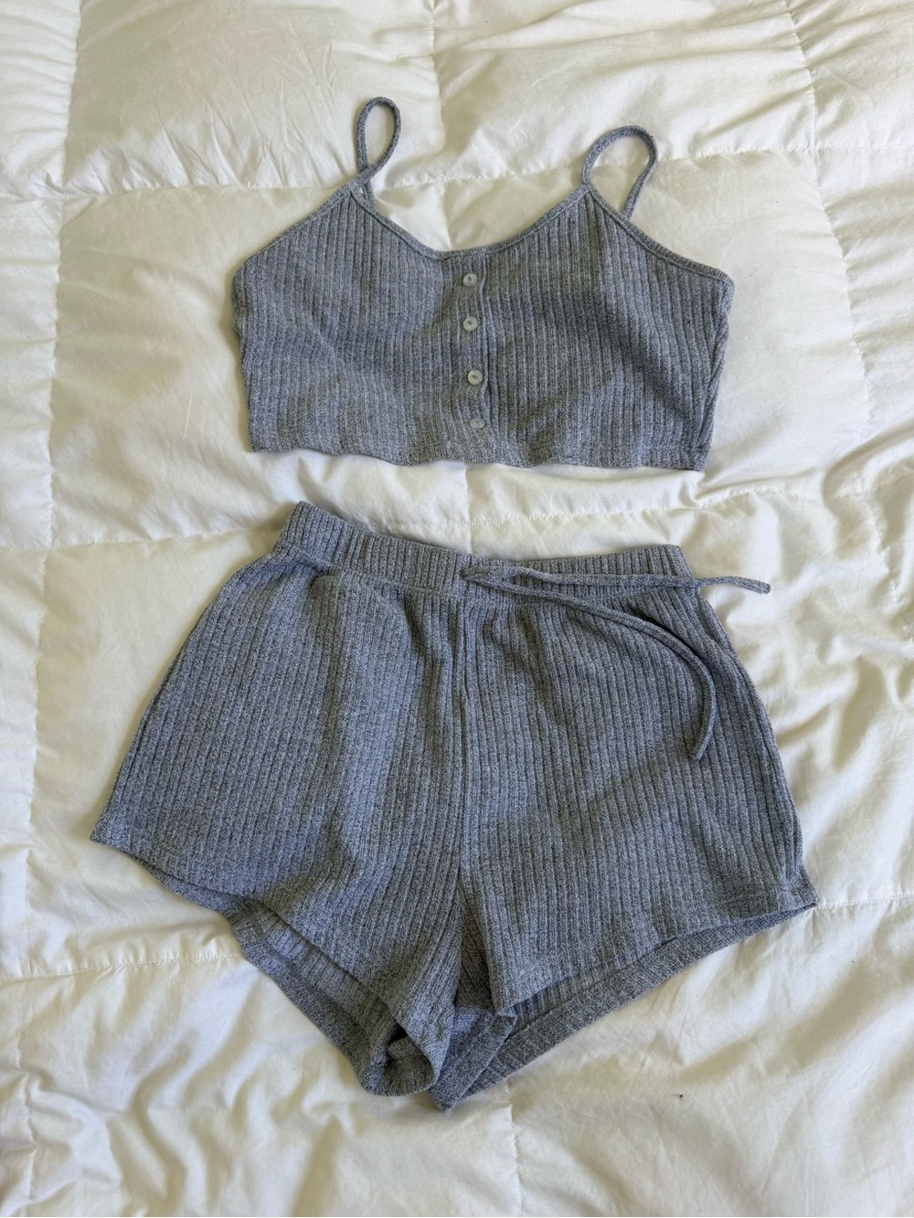 Ribbed Knit Lounge Crop Top & Shorts Set - Gray